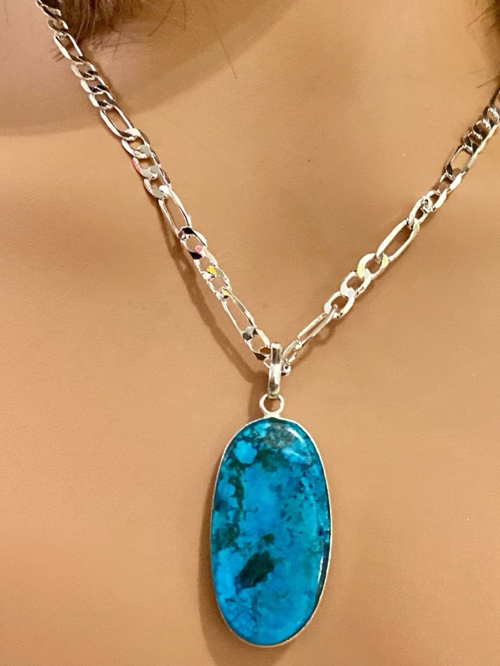 Vintage Turquoise Oblong Necklace -18in Silver 925 Chain (A)